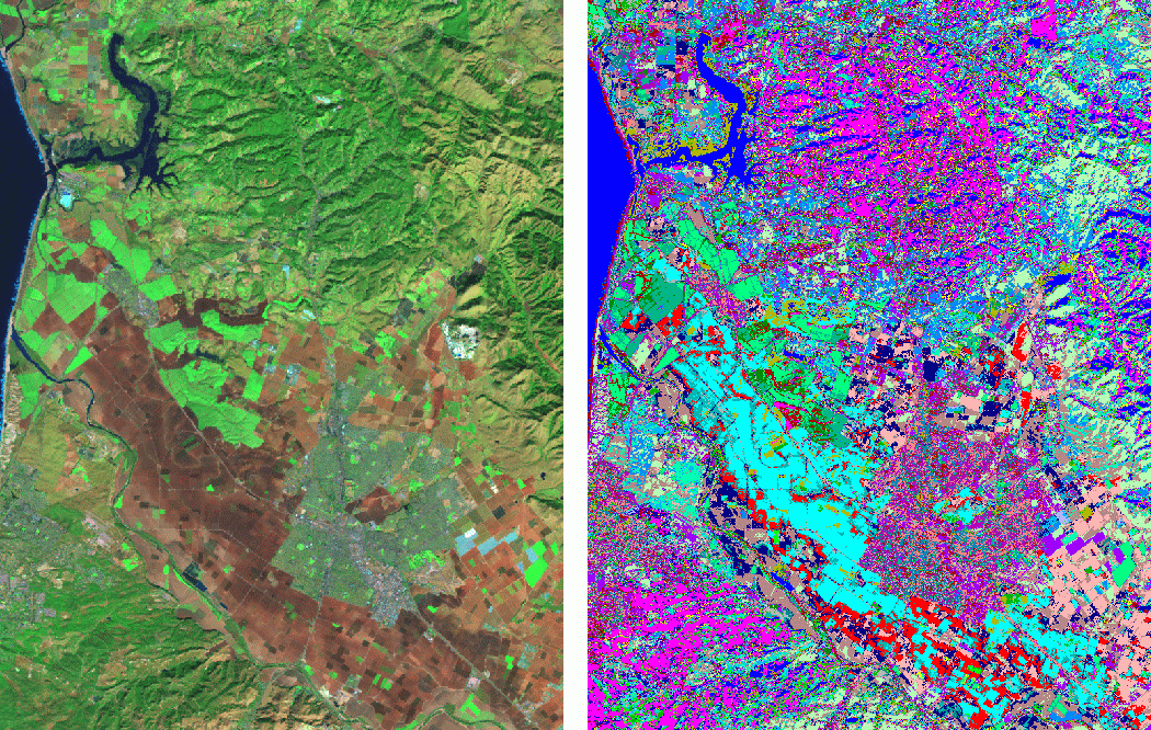 Satellite imagery of a landscape shown in natural and false colour
